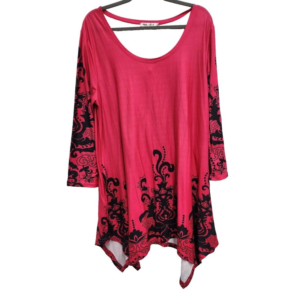 White Mark Womens BOHO Dress XL Pink Black Paisley Asymmetric 3/4 Sleeve Casual‎